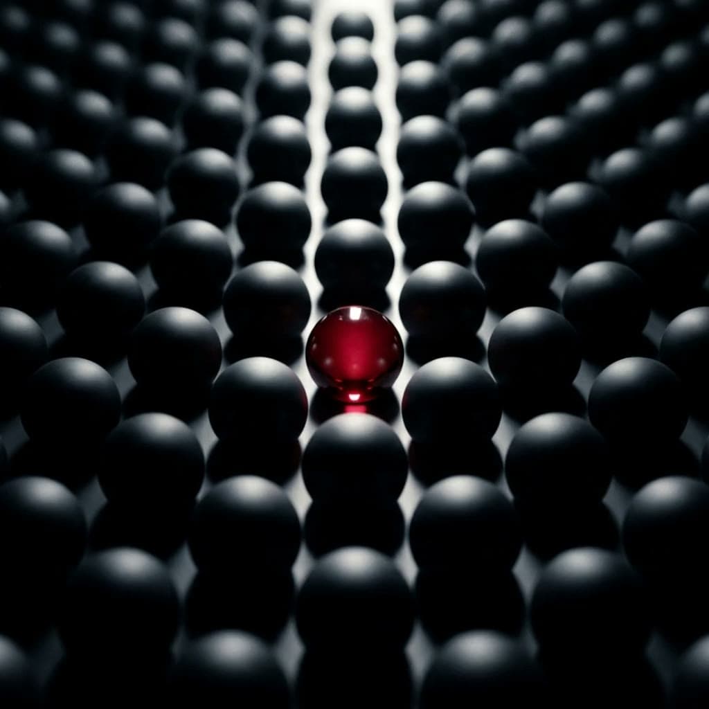 Una esfera de cristal rojo iluminada entre cientos de esferas negras